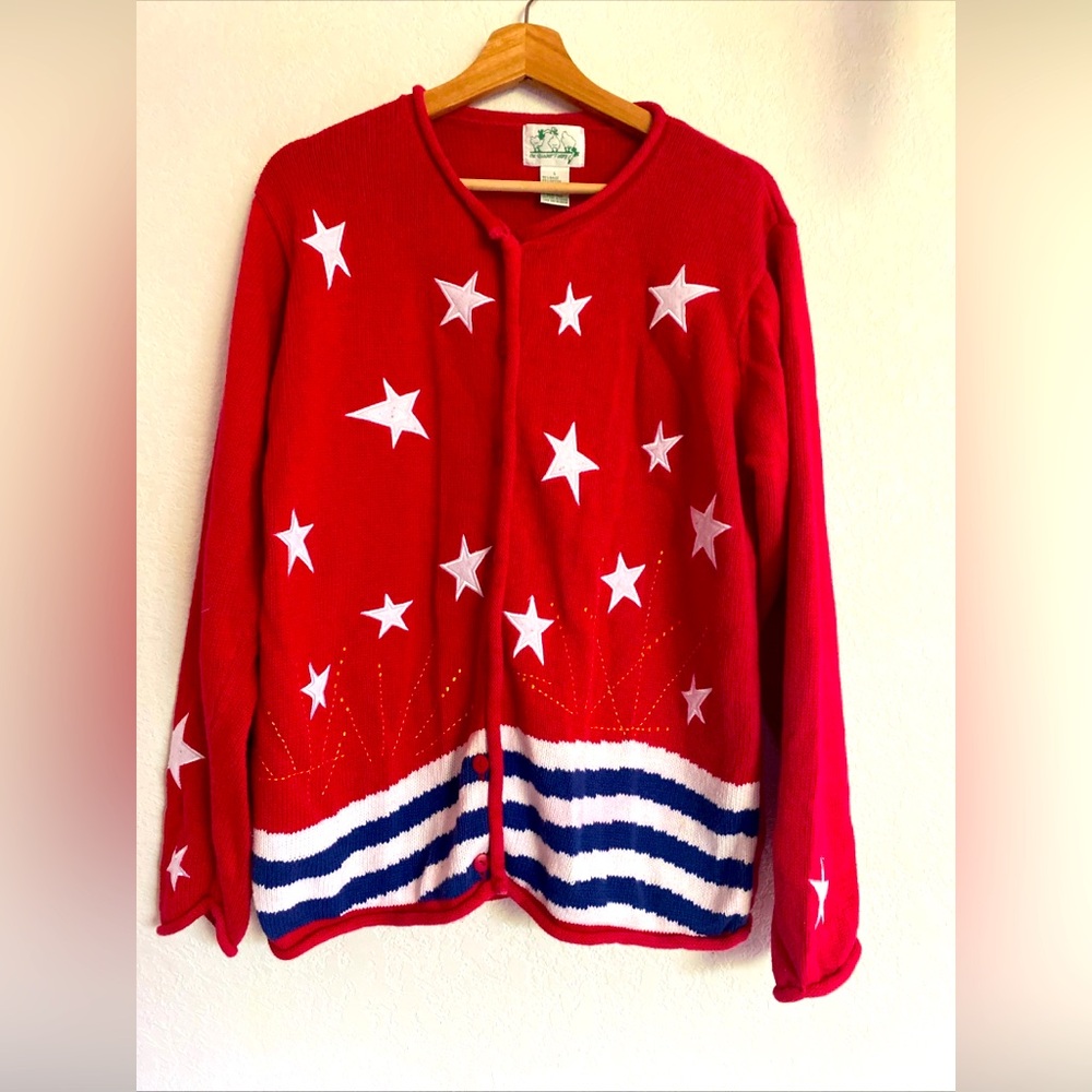 The Quaker Factory American Flag USA 4th of July Cardigan Sweater SZ LARGE stars